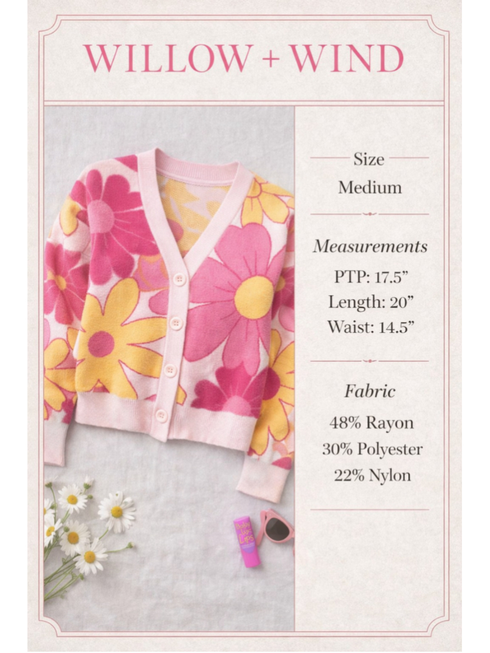 Willow & Wind M Cropped Floral Cardigan Knit Pink Yellow Button Y2K - Picture 2 of 8